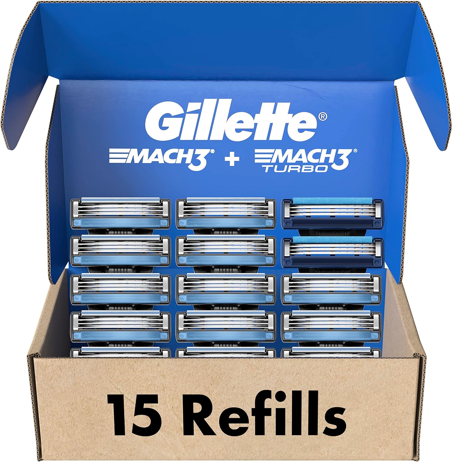 Gillette Men's Razor Blade Refills, 13 Mach3 Cartridges, 2 Mach3 Turbo Cartridges Blue,15