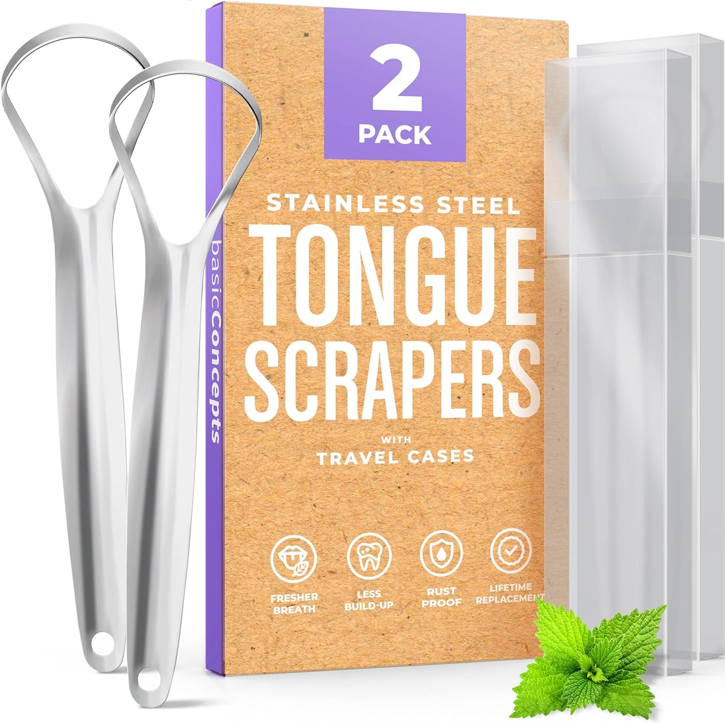 Tongue Scraper Reduce Bad Breath, Stainless Steel Tongue Cleaners, 100% BPA Free Metal Tongue Scrapers Fresher Breath in Seconds