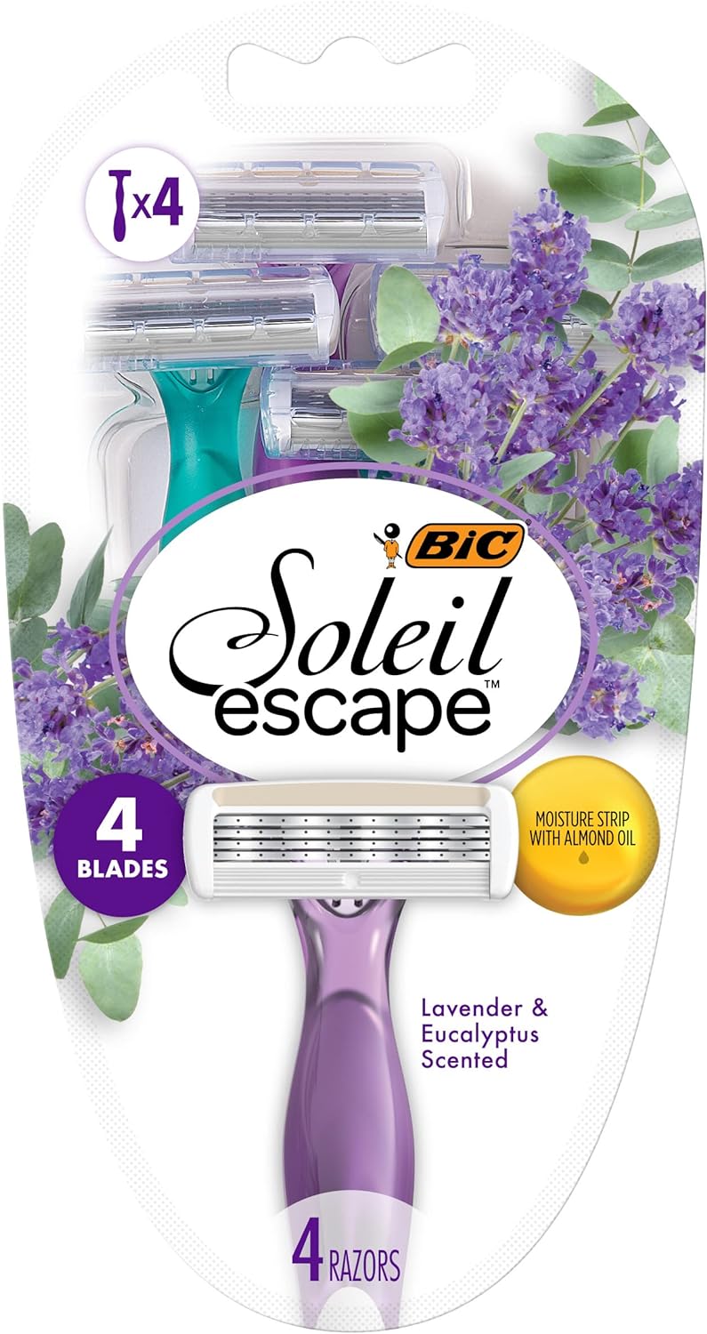 BIC Soleil Escape Women'S Disposable Razors with 4 Blades for a Sensorial Experience and Comfortable Shave, Pack of Lavender & Eucalyptus Scented Handle Shaving Razors for Women, 4 Count