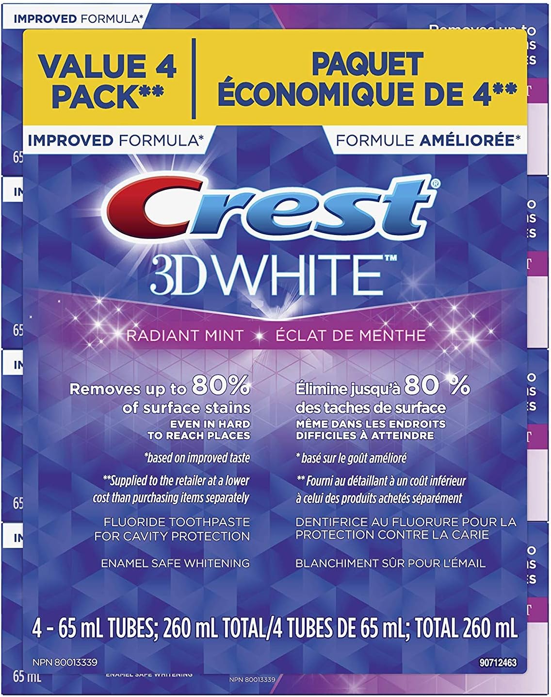 Crest 3D White Whitening Toothpaste Radiant Mint (A pack of four 65 ml).