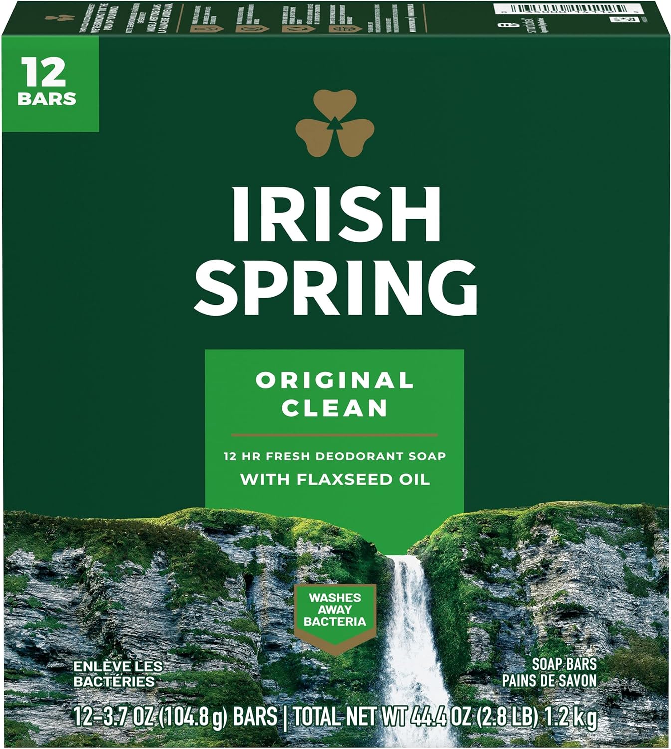 Irish Spring Bar Soap - Original Clean Scent - Moisturizing Bath and Shower Face Body Bar Soap Enriched with Natural Flaxseed Oil, 12 Pack of 3.75 Ounce Soap Bars