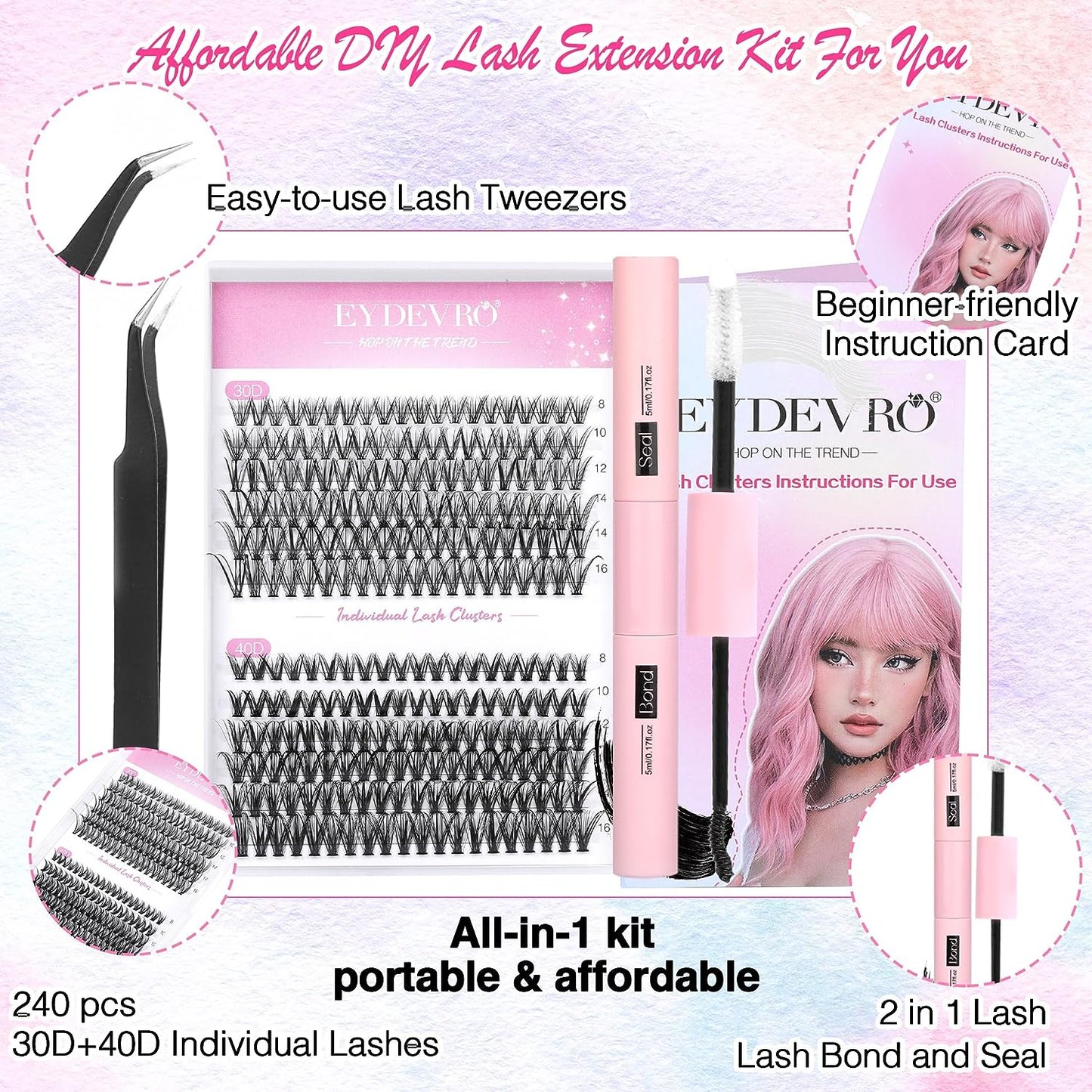EYDEVRO Lash Extension Kit 240 Pcs Lash Clusters Eyelash Extension Kit, 30D40D Individual Lashes with Lash Bond and Seal and Lash Applicator Tweezers D Curl 8-16Mm Mixed Length Clusters Lashes