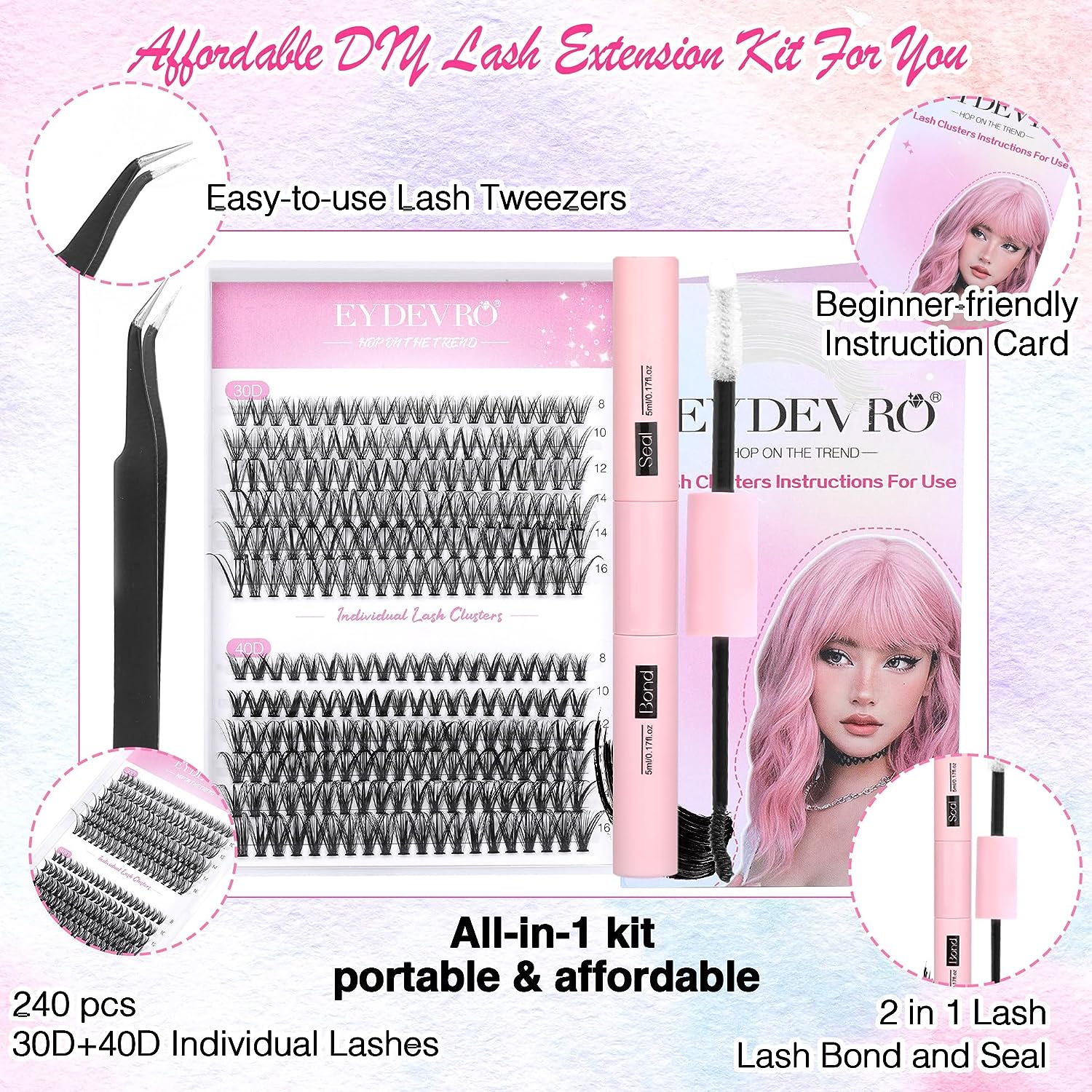 EYDEVRO Lash Extension Kit 240 Pcs Lash Clusters Eyelash Extension Kit, 30D40D Individual Lashes with Lash Bond and Seal and Lash Applicator Tweezers D Curl 8-16Mm Mixed Length Clusters Lashes