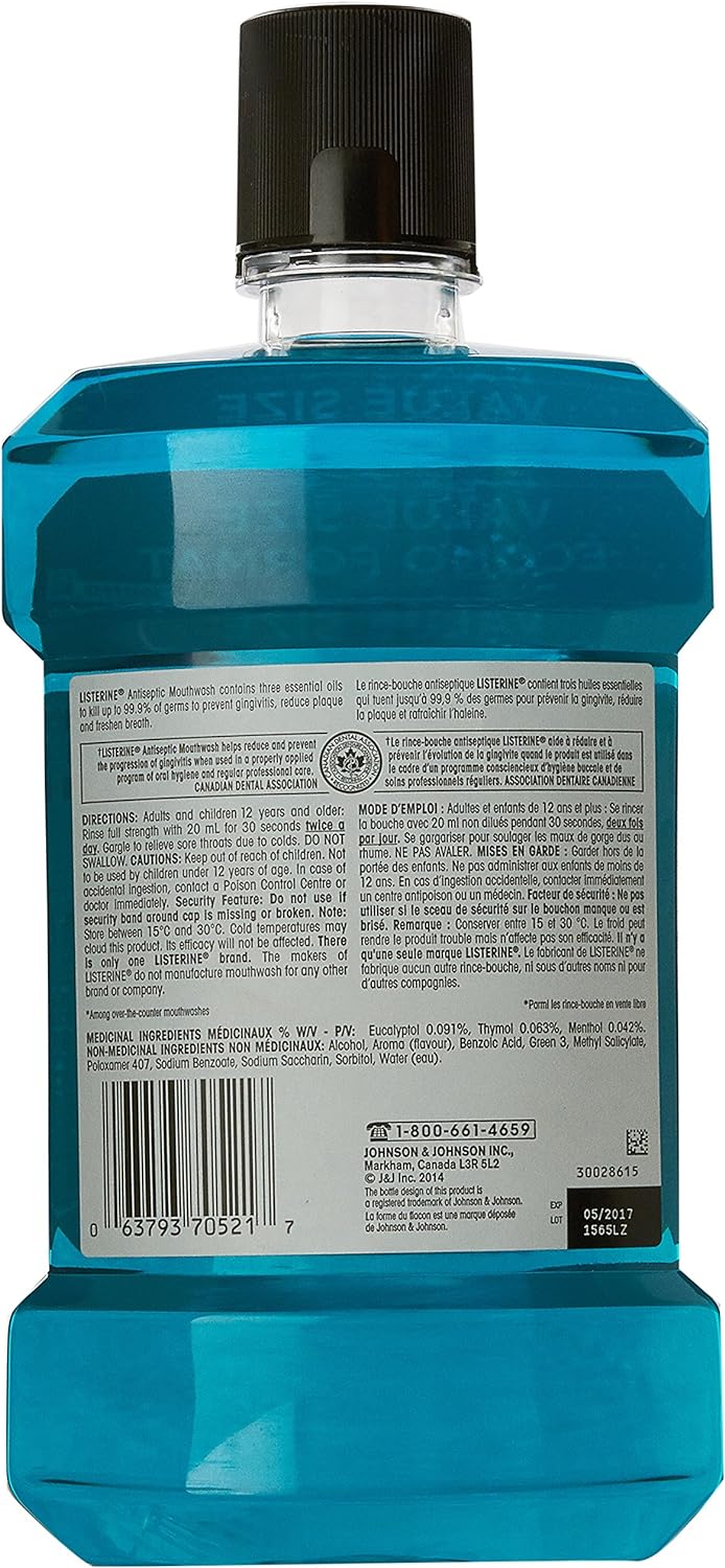 Listerin Antiseptic Mouthwash for Gingivitis and Teeth Plaque - Contains Thymol, Menthol, and Eucalyptol as Essential Oils - 1.5L, Blue