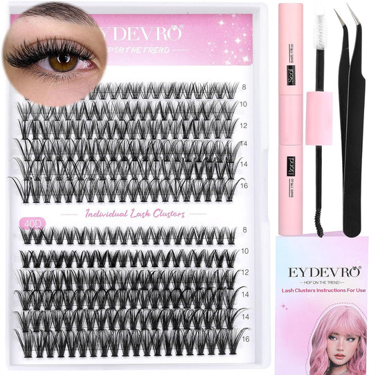 EYDEVRO Lash Extension Kit 240 Pcs Lash Clusters Eyelash Extension Kit, 30D40D Individual Lashes with Lash Bond and Seal and Lash Applicator Tweezers D Curl 8-16Mm Mixed Length Clusters Lashes