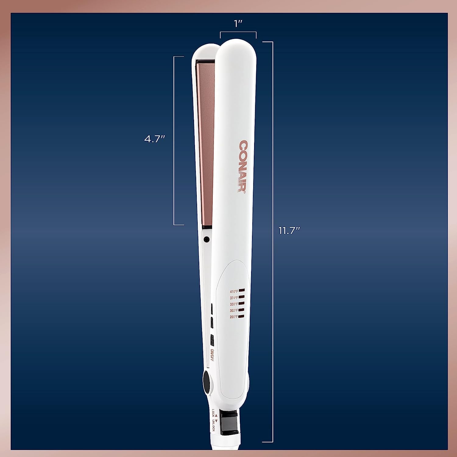 Double Ceramic Flat Iron, 1 Inch, White/Rose Gold