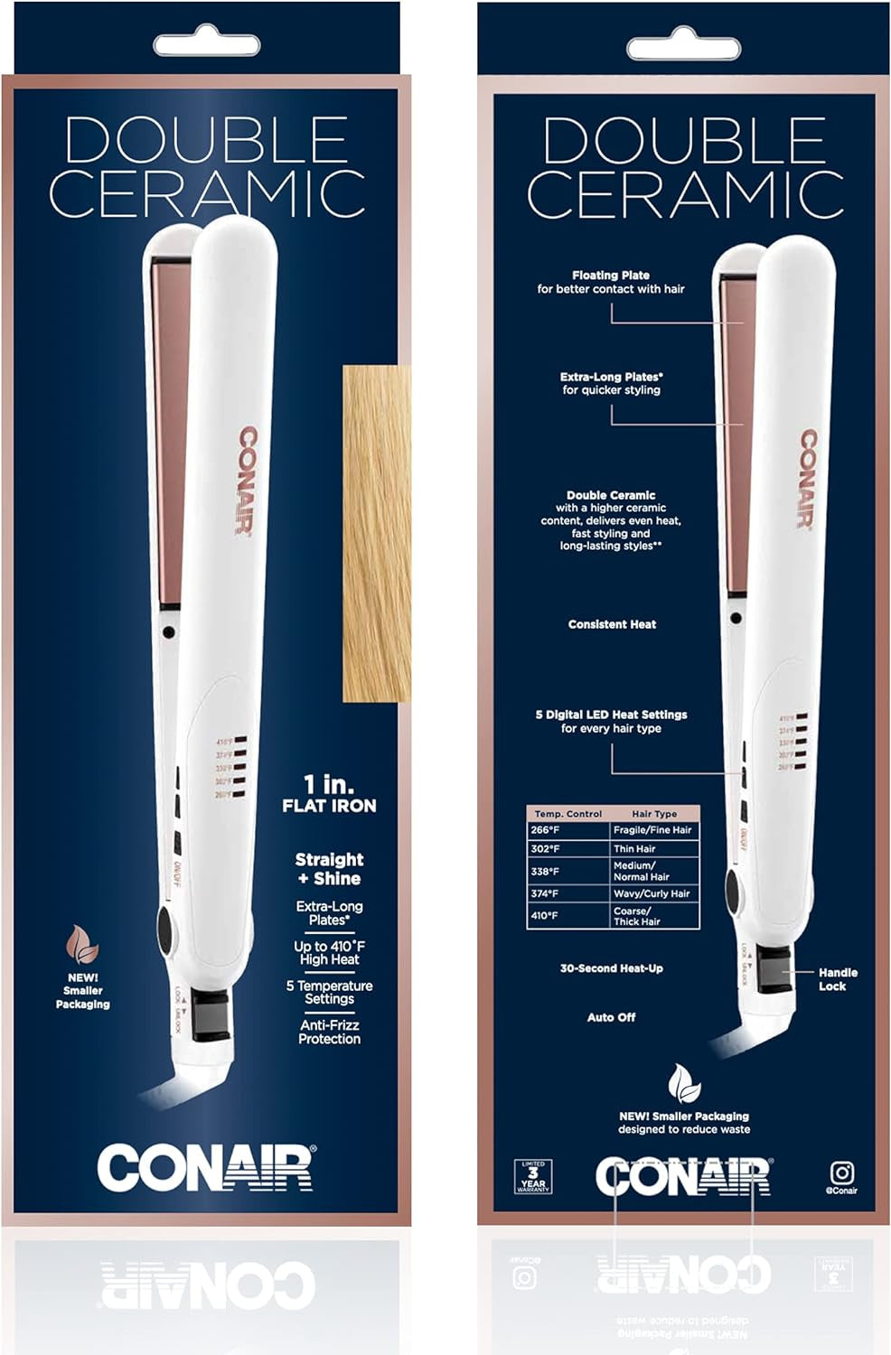 Double Ceramic Flat Iron, 1 Inch, White/Rose Gold